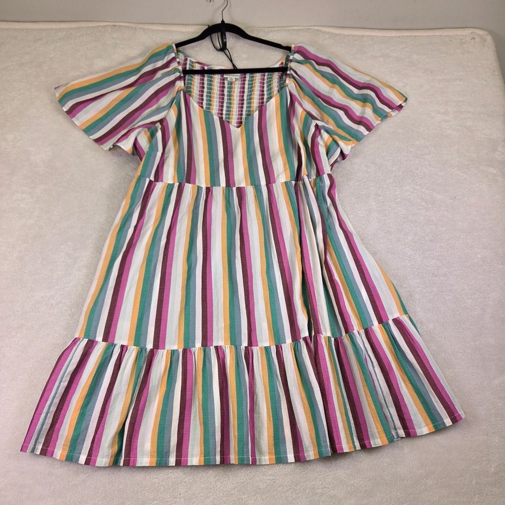 Ava & Viv Womens 3X Multi Color Striped Smocked Back Tiered Mini Dress